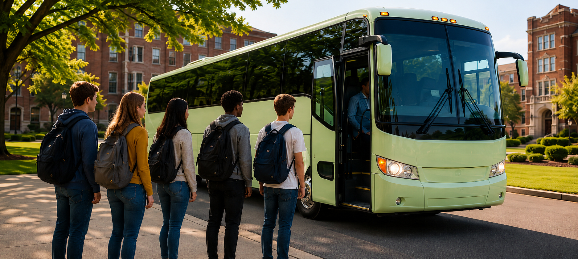 University students gathered near group transportation